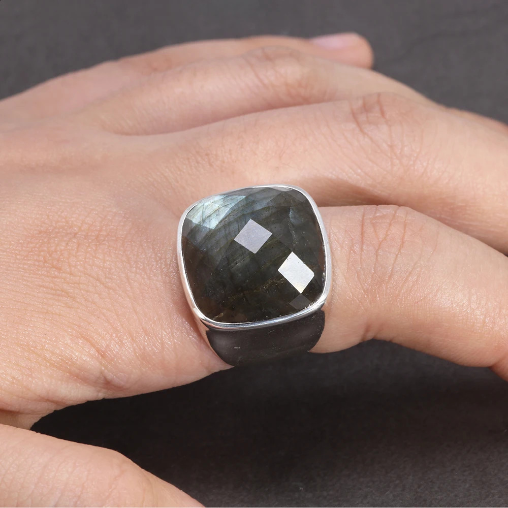 925 Silver Ring Ladies Natural Labradorite Square Glossy Minimalist Wedding Jewelry Sterling 250109