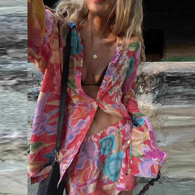 Bohemian Loose Suit Lady Button Shirt and Long Pants Holiday Outfit Casual Floral Print Womens Two Piece Set Spring Summer 250118