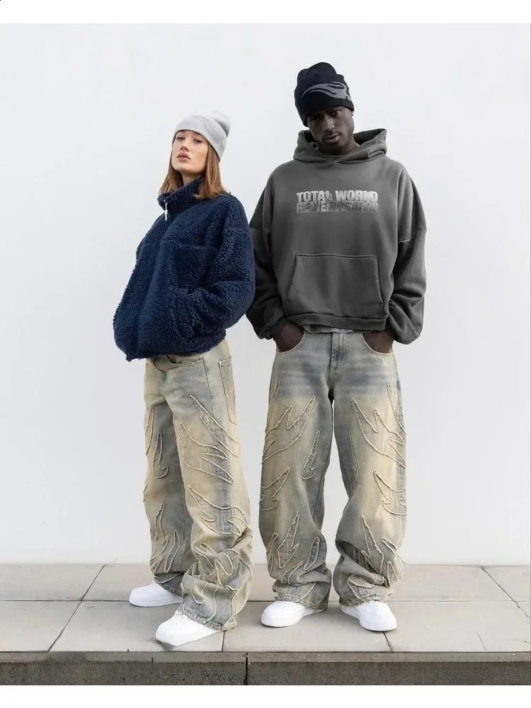 Y2K Harajuku Hip Hop Patch Heavy Industry Luggage Jeans Street Fashion Retro Gothic Casual Wide Leg Mens Wear 250117