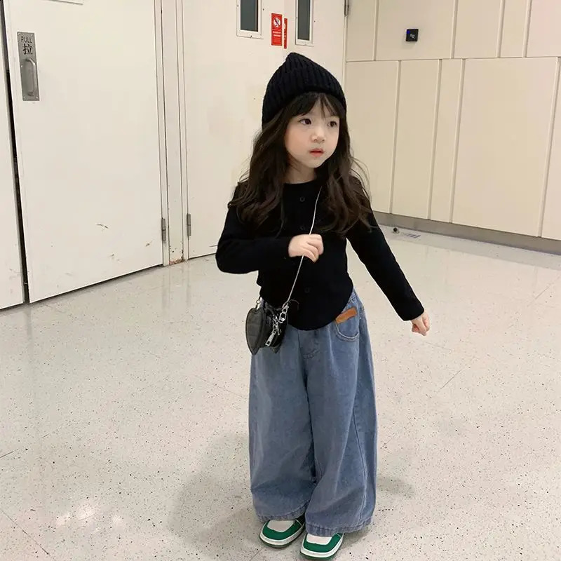 Spring Autumn Girls Suit Korean Style Bottoming Shirt Top Casual Jeans Girls Wide-leg Pants Loungewear 250113