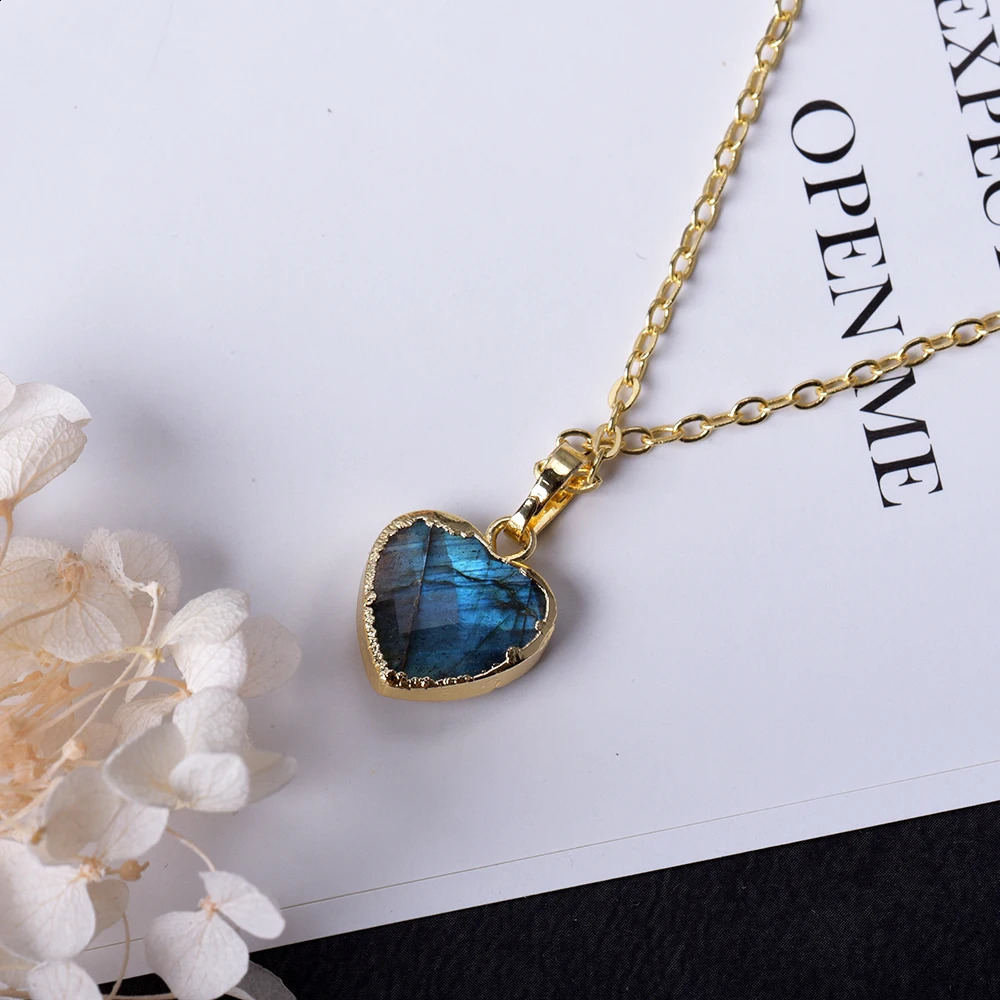 ITSMOS 14K-Gold Plated Heart Natural Labradorite Pendant Necklace Simple Blue Light Love Jewelry Necklace for Women Gift 250117