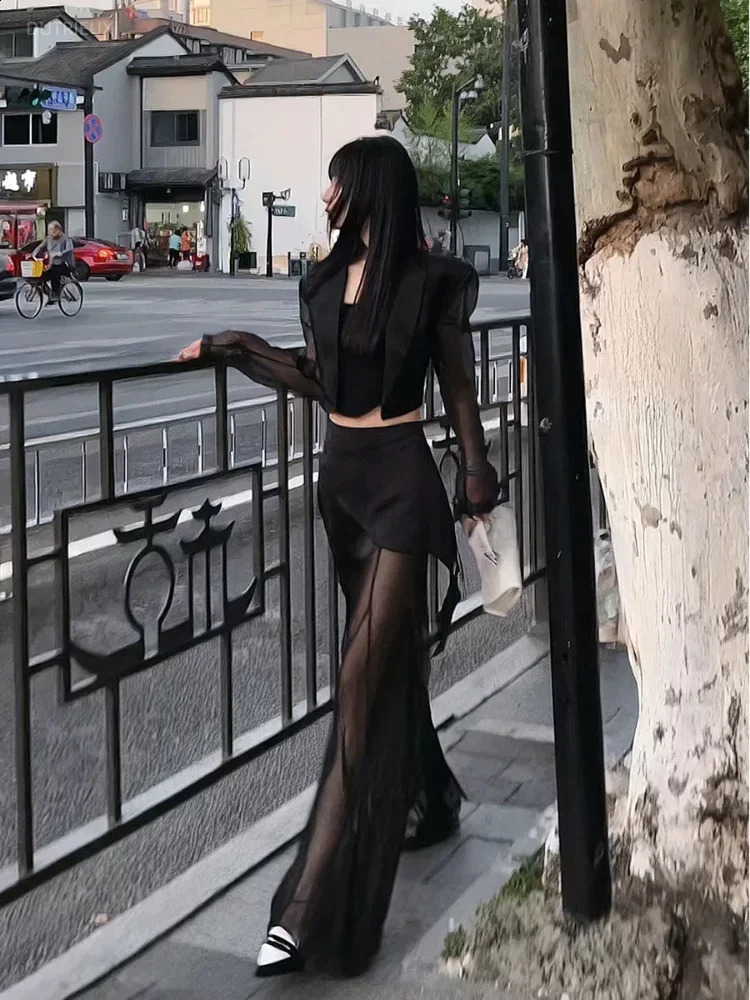 Korean Simple High Waist Hollow Out Black Pants Y2k EGirl Slim Fit Mesh Long Sleeve Top Grunge Two Piece Sets 250113