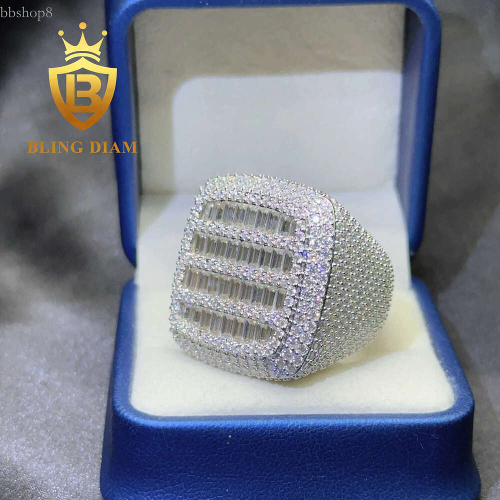 Hiphop Mens Pave Hip Hop Iced Out Cuban Ring Sier Rings Vvs Moissanite Dia Rapper Jewelry