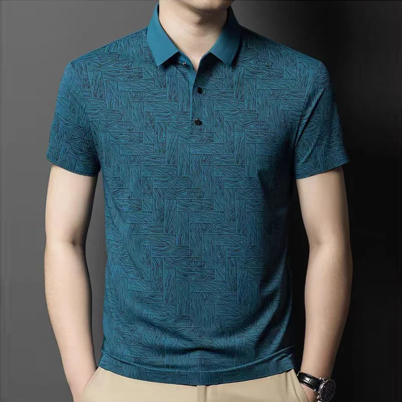 Summer Fashion Smart Casual Versatile Quick Drying Short Sleeve Polo Shirt Mens Lapel Button Patchwork Print Loose Thin Top 250118
