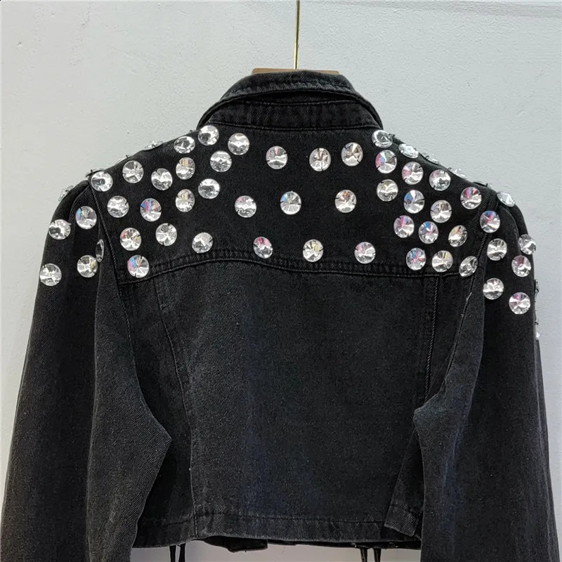 Heavy Work Diamonds Black Denim Jacket Women Slim Extra Short High Waist Cow Outerwear Manual Drawstring Jeans Jacket Female 250116