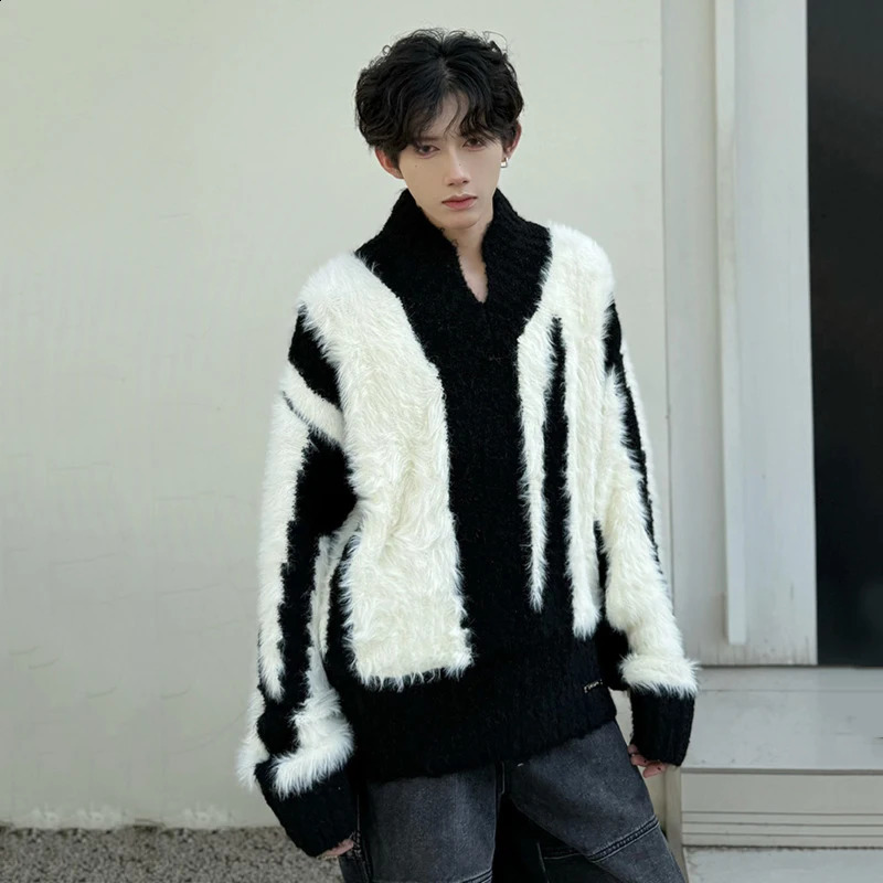 IEFB Niche n Mens Sweaters Vneck Patchwork Contrast Color Loose Pullovers Winter Trendy Male Knitting Top Chic 9C8395 250121