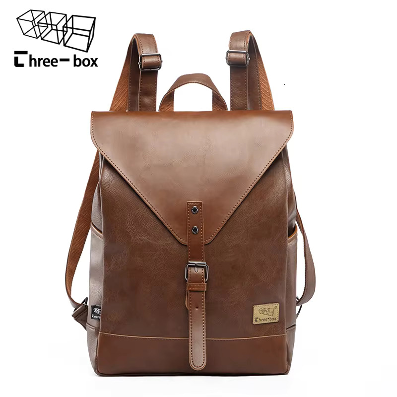 Three Box Fashion Vintage Male Backpack For Teenager School Men Leather Business Travel Laptop Shopping Bag