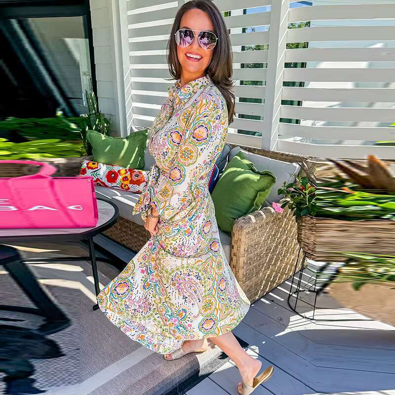 Boho Maxi Flare Sleeve Printing Dress 100% Viscose Ral Holiday Dresses Mujer Vestidos Loose Vacation Robes