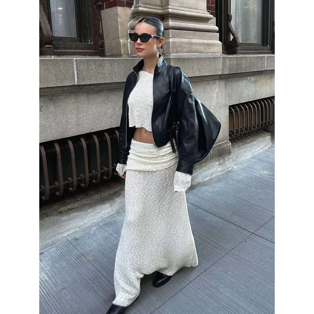 Solid Folds Knitted Sheer 2 Piece Set Skew Collar Long Sleeve Cropped T-Shirt+Long Skirts Elegant Fashion Women's Suits 2025 New