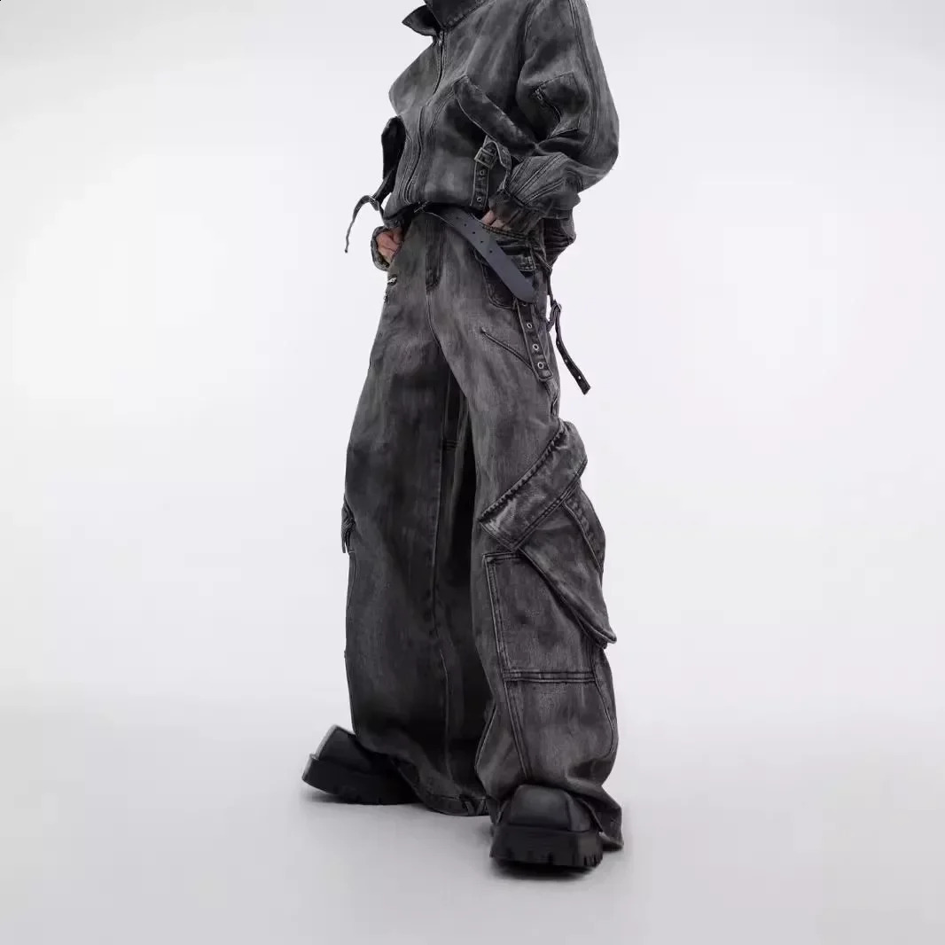 2024 Niche Vintage Distressed Denim Jacket Large Pocket Cargo Pants Casual Loose Fit Zipper Up Terrain Heavy Duty Clothing 250109