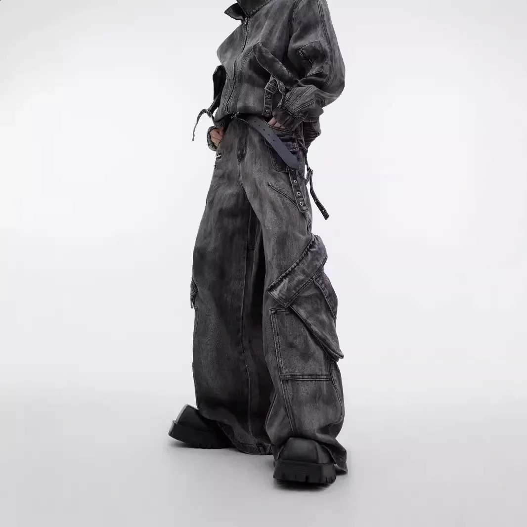 2024 Niche Vintage Distressed Denim Jacket Large Pocket Cargo Pants Casual Loose Fit Zipper Up Terrain Heavy Duty Clothing 250109