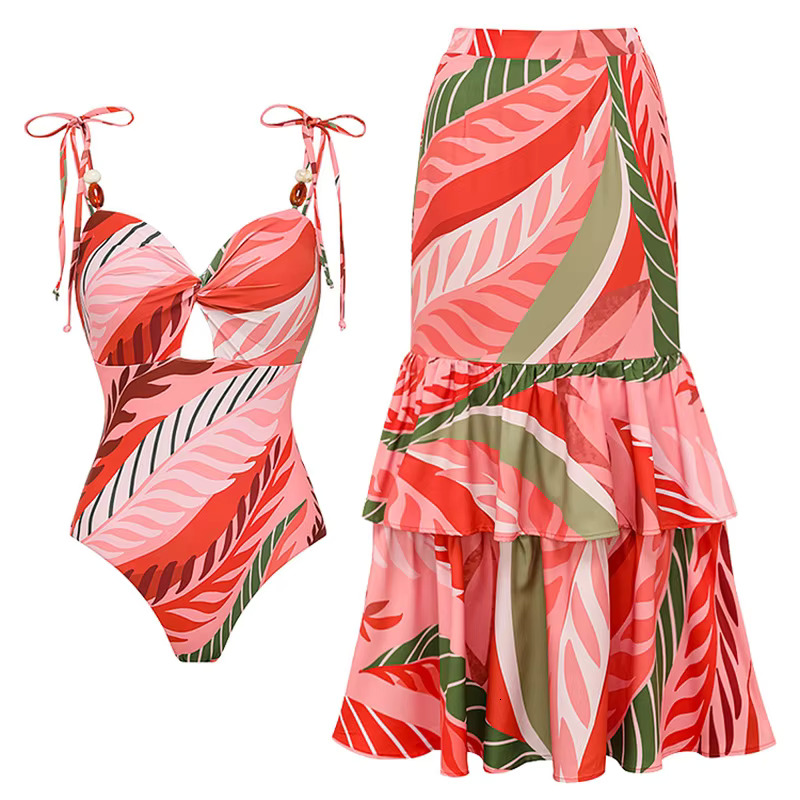 Sexy One Piece Women Long Sleeve Swimwear And Skirt Hollow Out Swimsuit Ruffle Biquini Monokini Bodysuit Bathing Suit Beach
