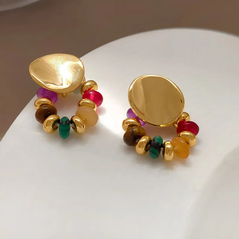 Vintage Natural Stone Beaded Earrings for Women Fashion Jewelry Copper Plated 24K Gold Elegant Ear Accessories 250117