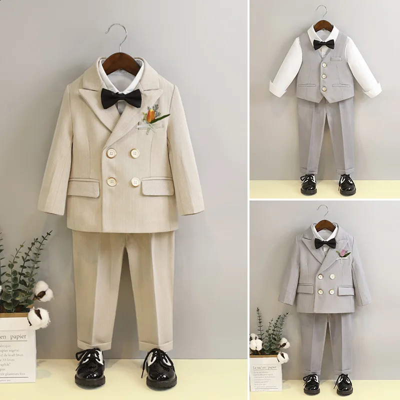 Child Fomal Khaki Suit Set British Style Baby Boys Wedding Birthday Party Performance Costume Kids Blazer Pants Bowtie Clothes 250120