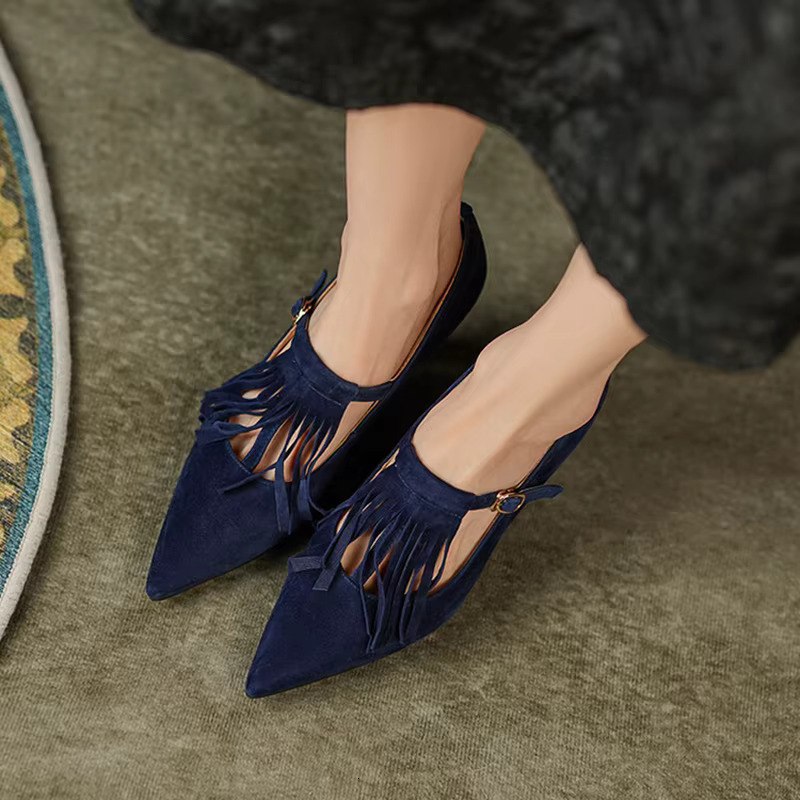 2023 Spring Women's Pumps Sheep Suede High Heels Pointed Toe Chunky For Women Thin Heel Mary Janes Tassel Party Shoes
