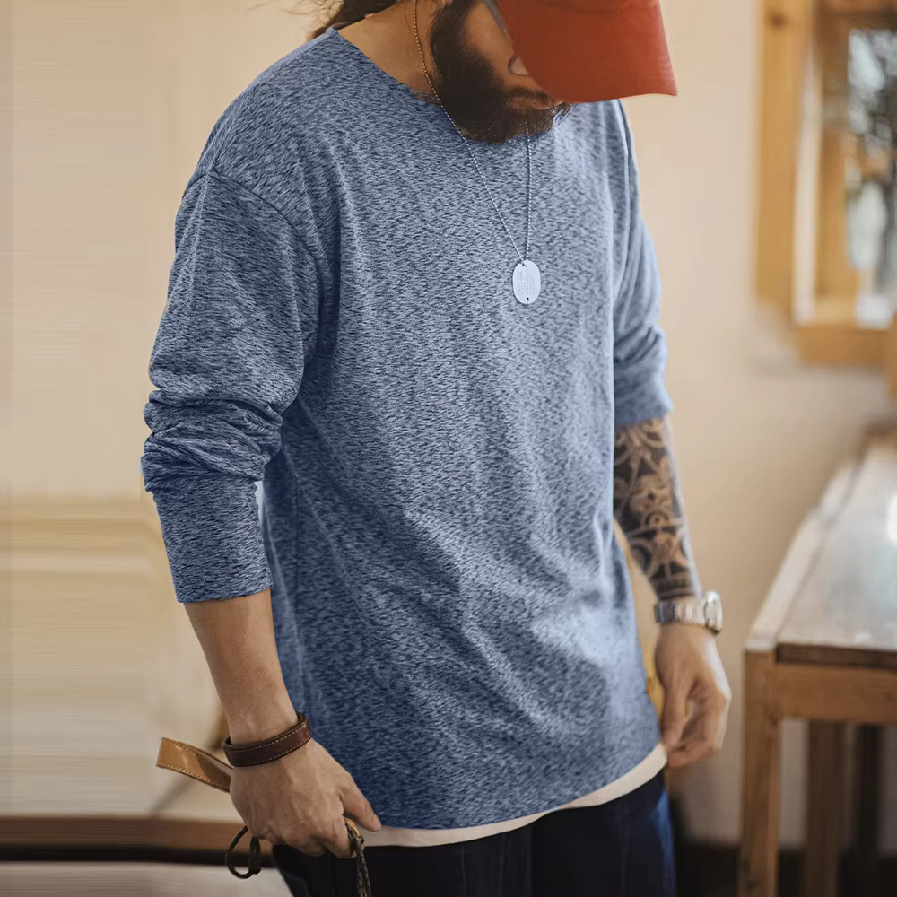 Maden Vintage Double-Sided Brushed Fleece Long-Sleeved T-Shirt Warm Inner Round-Neck Base Layer Shirt Men's Fall Pullover