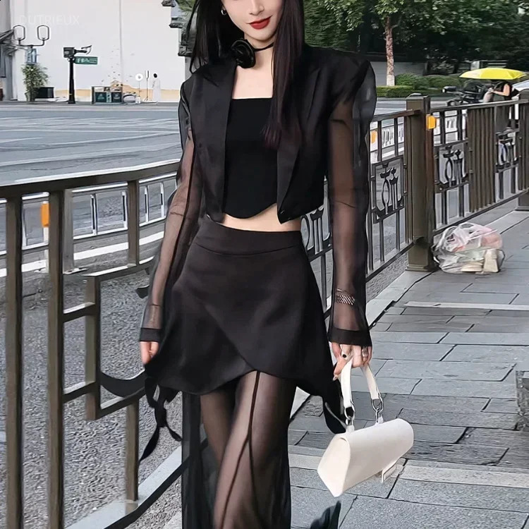 Korean Simple High Waist Hollow Out Black Pants Y2k EGirl Slim Fit Mesh Long Sleeve Top Grunge Two Piece Sets 250113