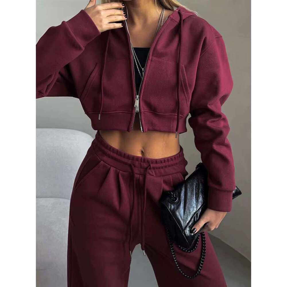 Solid Casual 2 Piece Set Women Long Sleeve Zipper Cropped Hooded Jacket+Drawstring Sweatpant Streetwear Fashion Sport Pants Sets