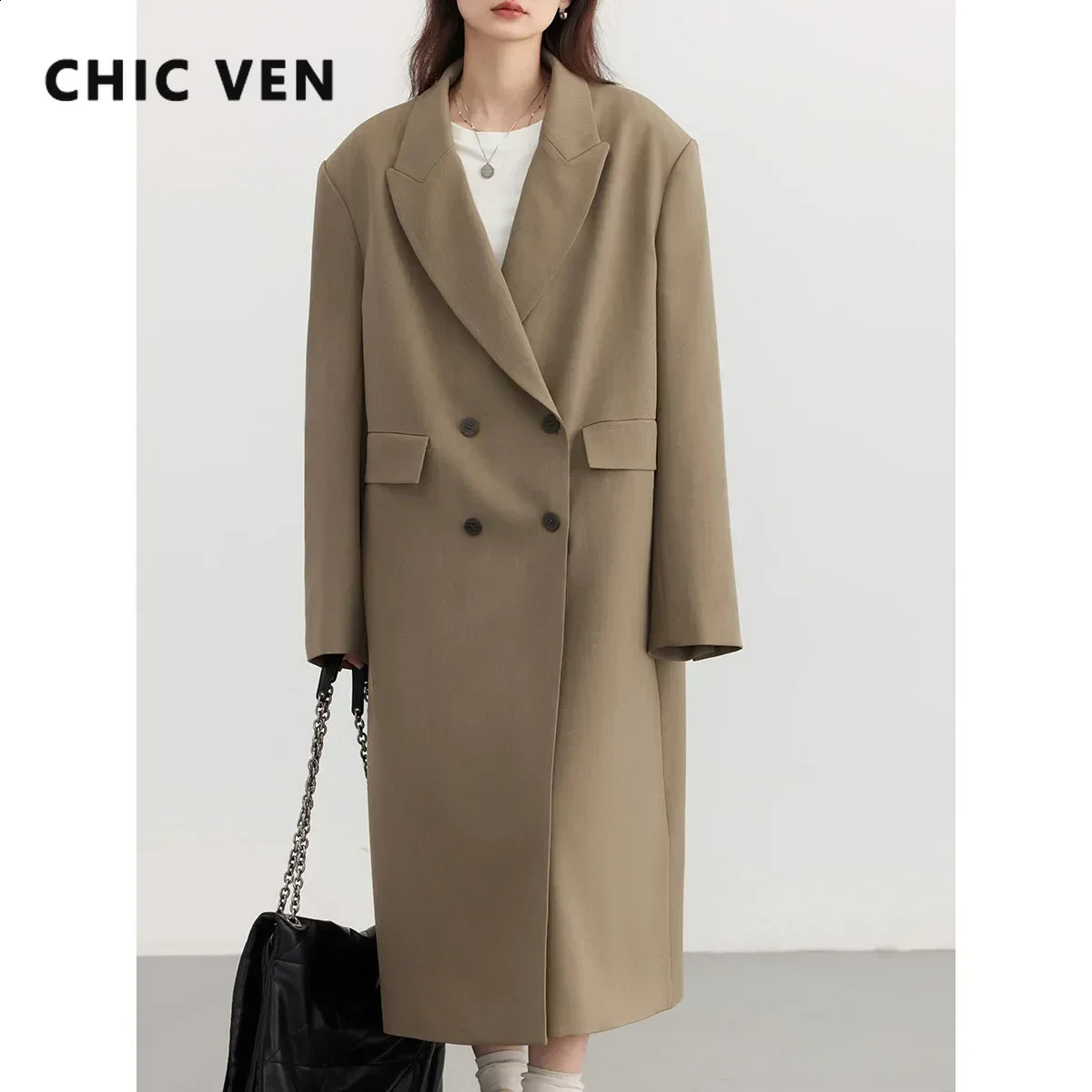 CHIC VEN Women Trench Coat Solid Loose Casual Long Overcoat Double Breasted Female Windbreak Woman Outerwears Spring Autumn 250118