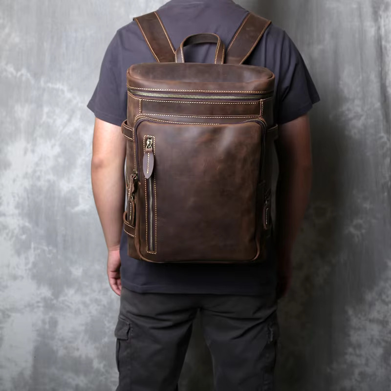 Retro Crazy Horse Leather Vertical Style Backpack Men's Head Layer Cowhide Large Capacity Business Travel Computer Bag