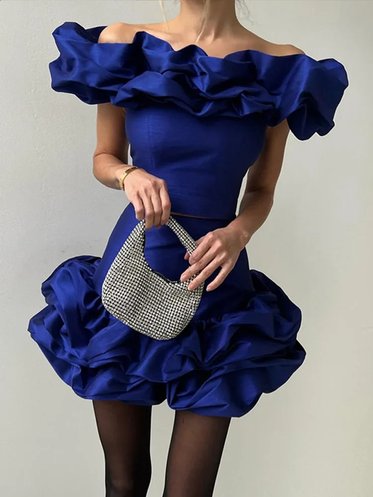 Ruffled Off Shoulder Top Short Skirt Two Piece Set Slim Fit Blouse High Waist Irregular Mini Skirts Womens Clothing Spring 250113