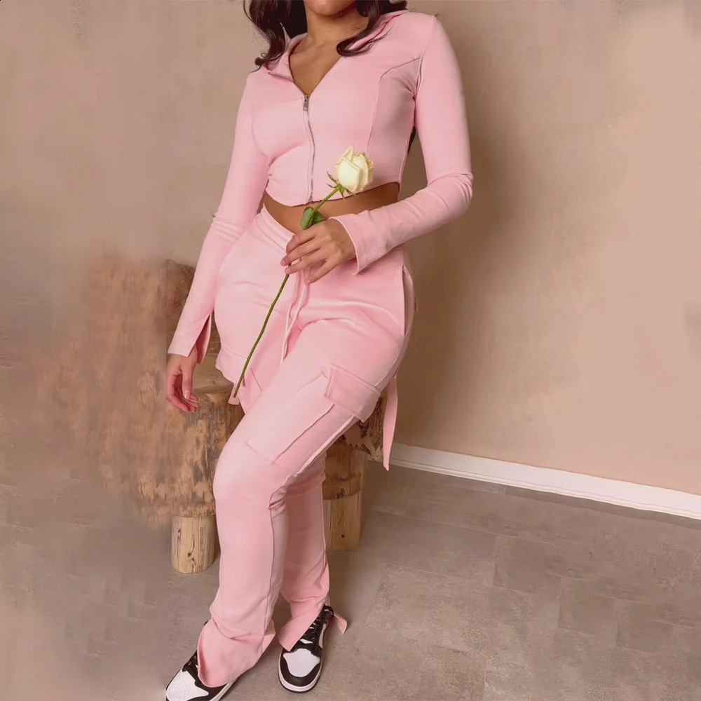 Two Piece Sets Women Pant Set Hooded Tracksuit Zipper Coats Tops Long Pants Jogger Lace Up High Waist Elegant Matching Sets 250120