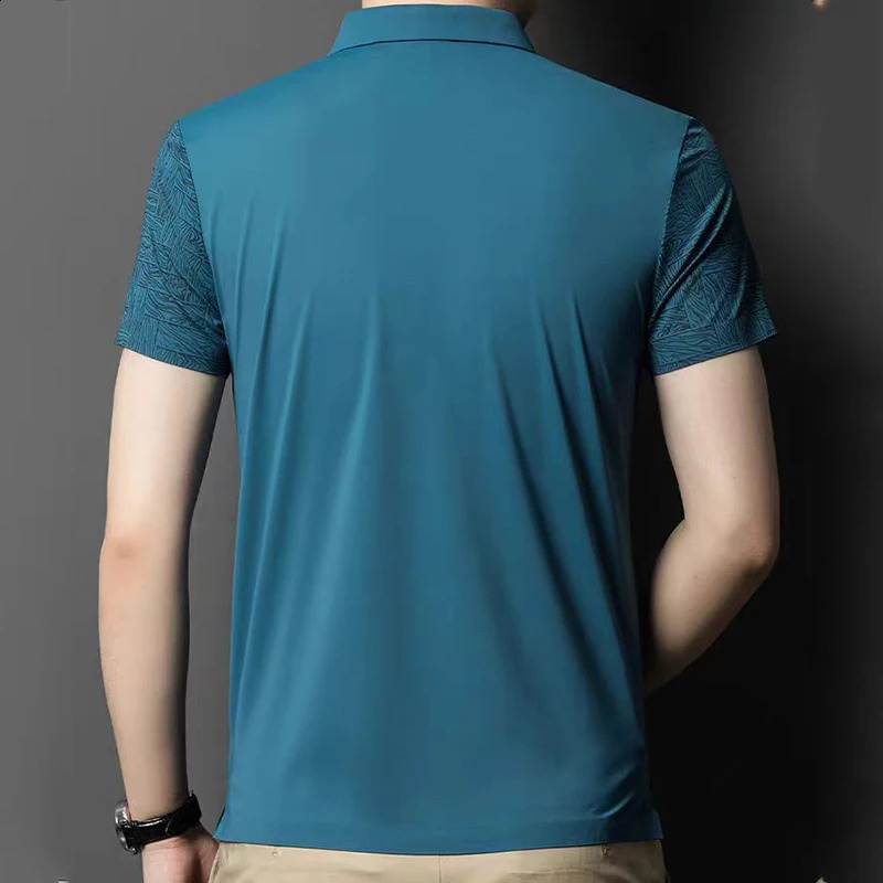 Summer Fashion Smart Casual Versatile Quick Drying Short Sleeve Polo Shirt Mens Lapel Button Patchwork Print Loose Thin Top 250118