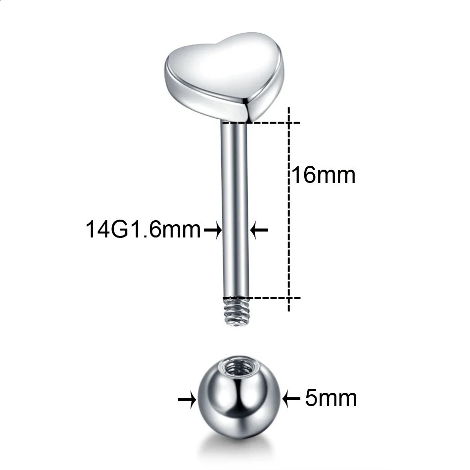 1PC Stainless Steel Heart Shaped Tongue Ring Barbell Piercing Cute Bar Ear Tragus Studs Labret Body Jewelry 250110