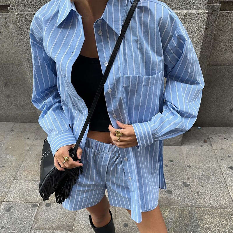 Blue Pocket Striped Shorts Sets Women Single Breasted Long Sleeve Blouse+Elastic Waist Casual Short Pant 2 Piece Set 2025 Spring