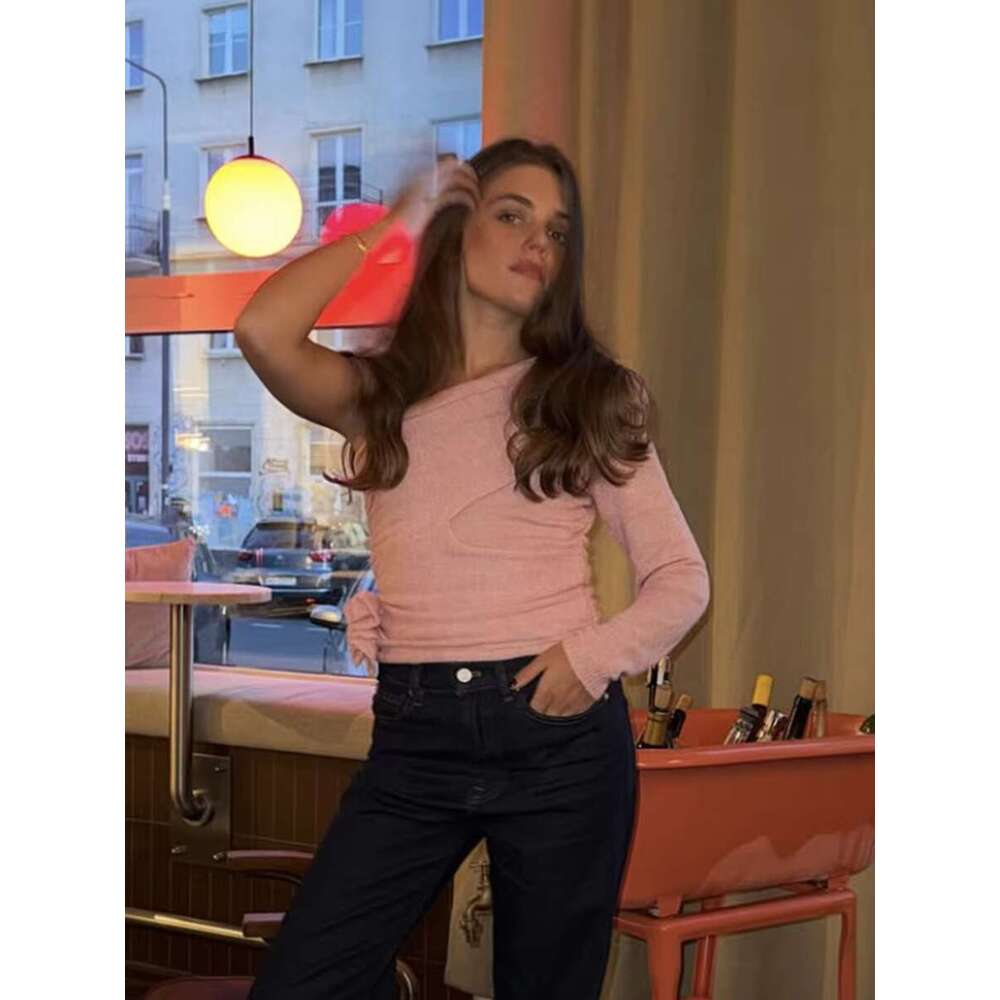 Wers Decor Thin Knitted T-Shirt Women Irregular Collar Long Sleeve Slim Tees 2025 Spring New Fashion Casual Pink Tshirt Tops
