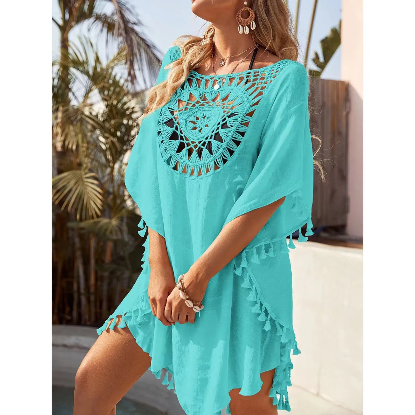 Sexy Loose Fashion Cotton Linen Beach Dress Plain Color Bikini Cover UP Swimsuit Hollow Out Casual Vacation 250122