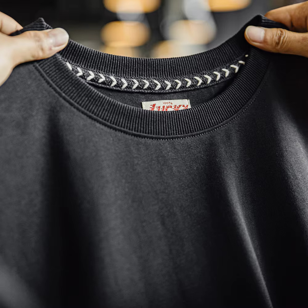 Maden Retro Heavy Industry Embroidered T-Shirt 270G/M² Cotton Short-Sleeved Black Tee For Men's Summer Crew Neck Tops