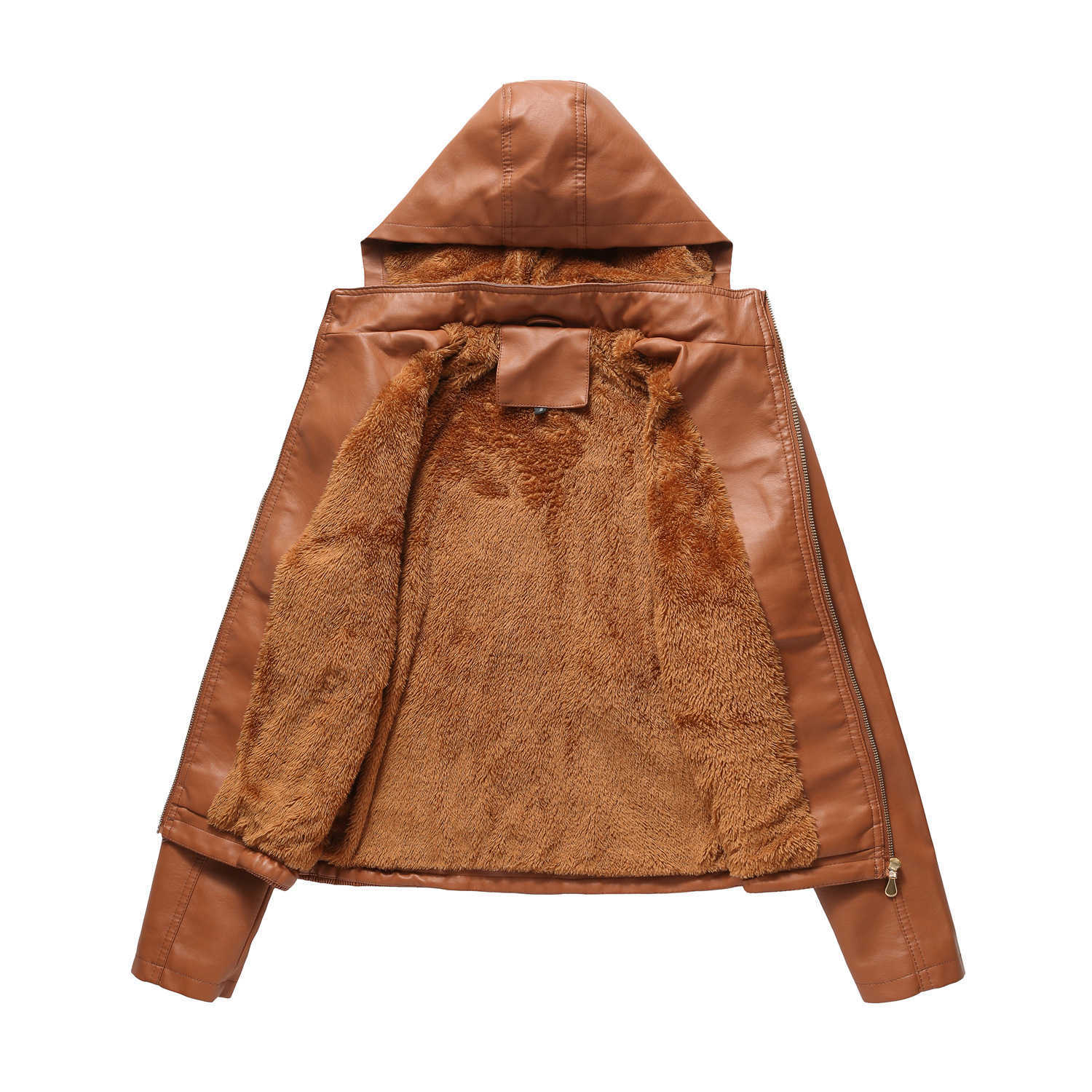 Hooded Leather Womens Detachable Hat Zipper Long Sleeve Plush Leather Jacket European Slim Fit Coat Womens Leather Womens Jacket 241209