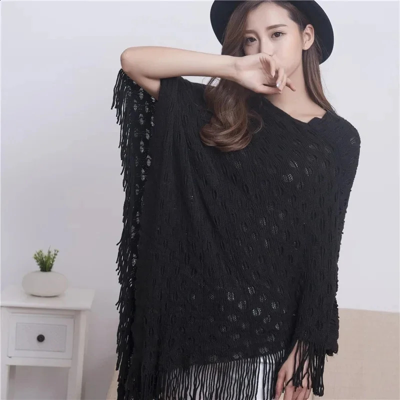 Spring Autumn Double-layer Irregular Shawl Hollowed Out Tassel Lattice Cloak Versatile Loose Pullover Poncho Black 250121