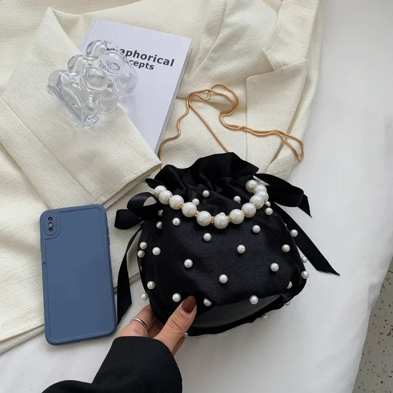 womens shoulder bag high-quality womens handbag black pearl imitation silk womens bucket cross body bag 250120