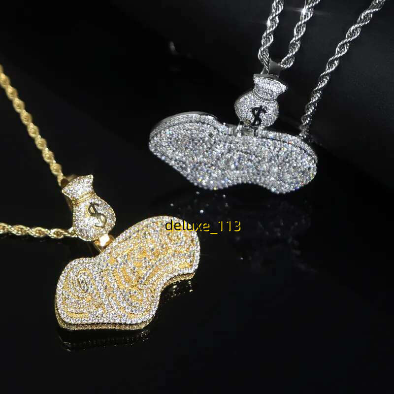 New Designer Mini Money Bag Cursive Hustle Letter Charm Pendant Necklace with Rope Chain Hip Hop Women Full Pave 5A Cubic Moissanite Men Gift Jewelry