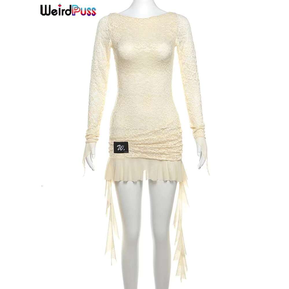 Women's Wear Dress Weird Puss Lace Patchwork Dress Woman Summer Sexy See Through Bandage Backless Ruffles Long Sleeve Irregular Hem Skinny Bodyco