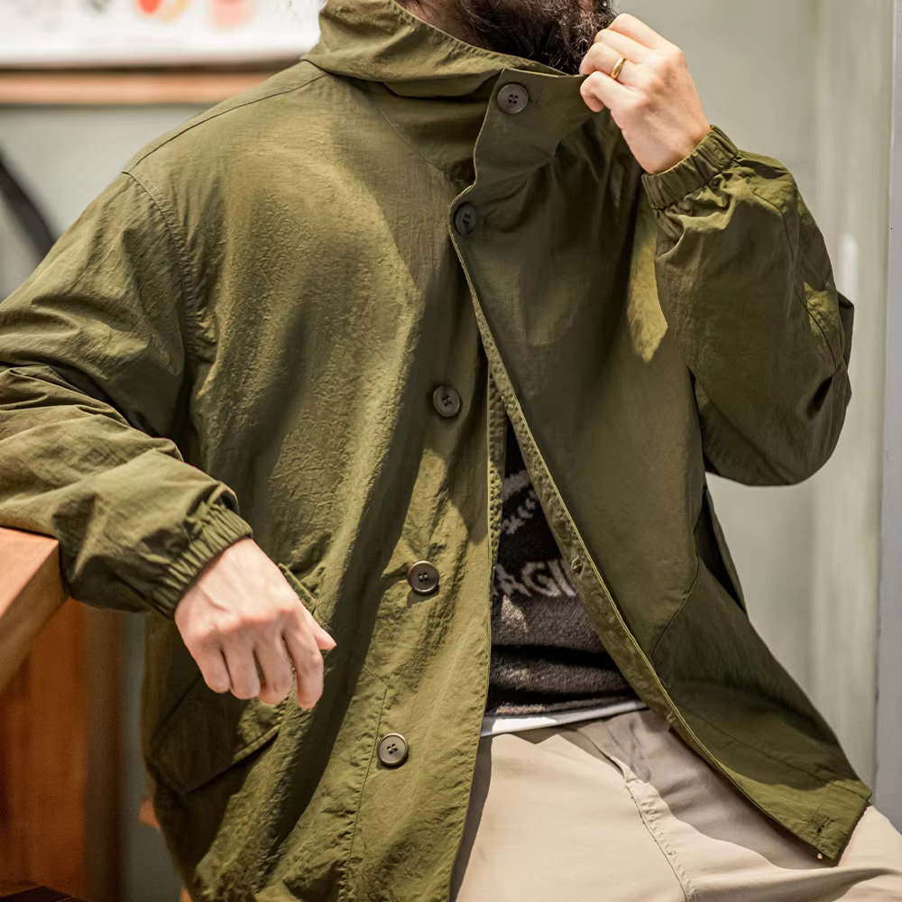 Maden Vintage Solid Color Thin Hooded Jacket Outdoor Loose Single-Breasted Coat Men's All-Match Outerwear For Autumn And Winter
