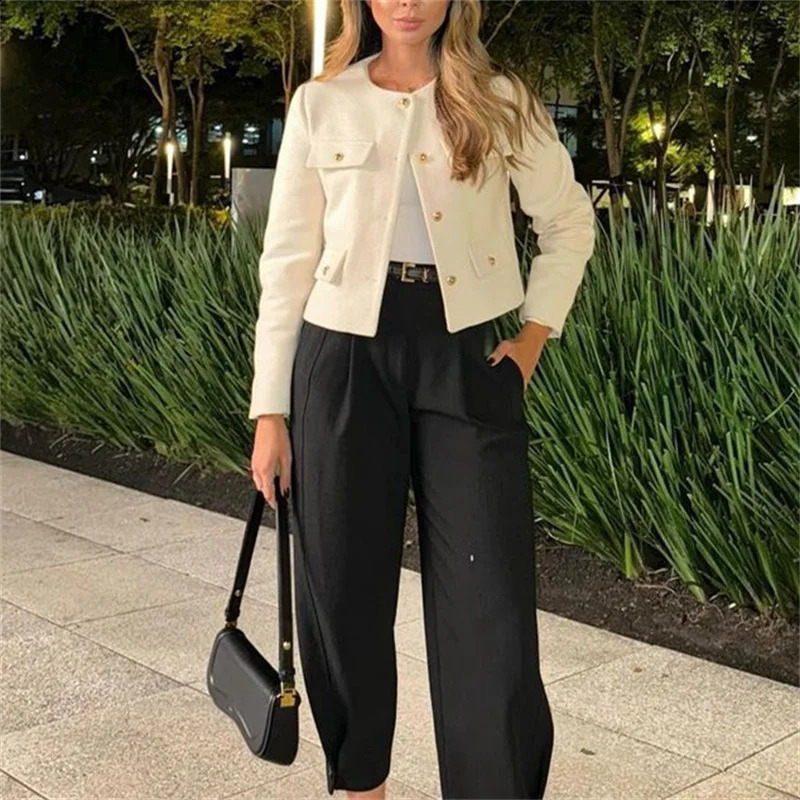 TRAF Cropped Tweed Jacket Woman Coat Button Long Sleeve Elegant Jackets For Women Short Coats Fashion In Outerwears 250122