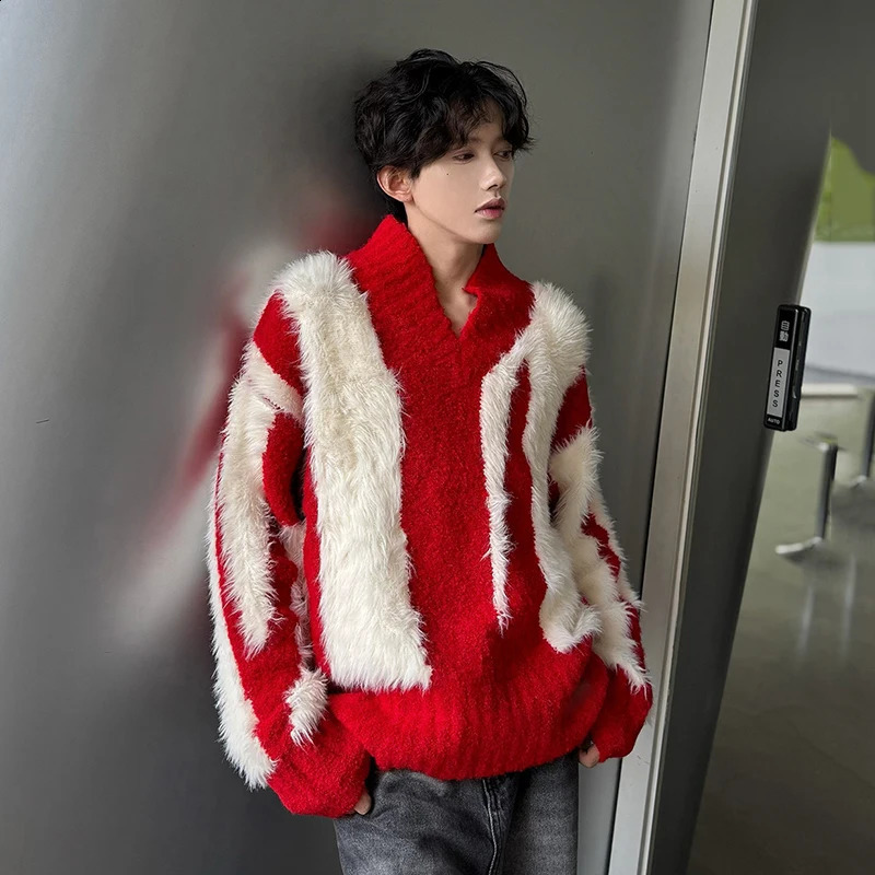 IEFB Niche n Mens Sweaters Vneck Patchwork Contrast Color Loose Pullovers Winter Trendy Male Knitting Top Chic 9C8395 250121