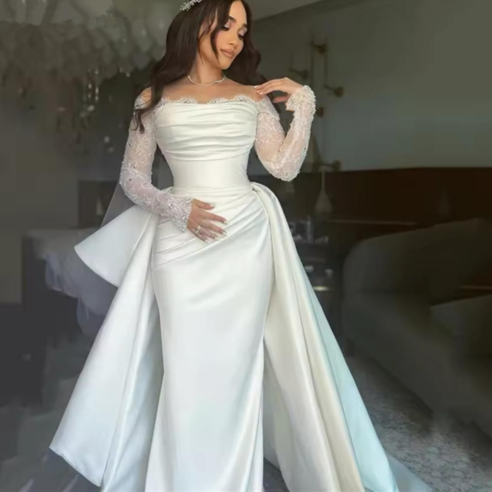 Arabic Dubai Off The Shoulder Mermaid Wedding Dresses Long Sleeves Princess Lace Bridal Gowns Pleat Plus Size Wedding Gowns for Brides Vestidos de noi