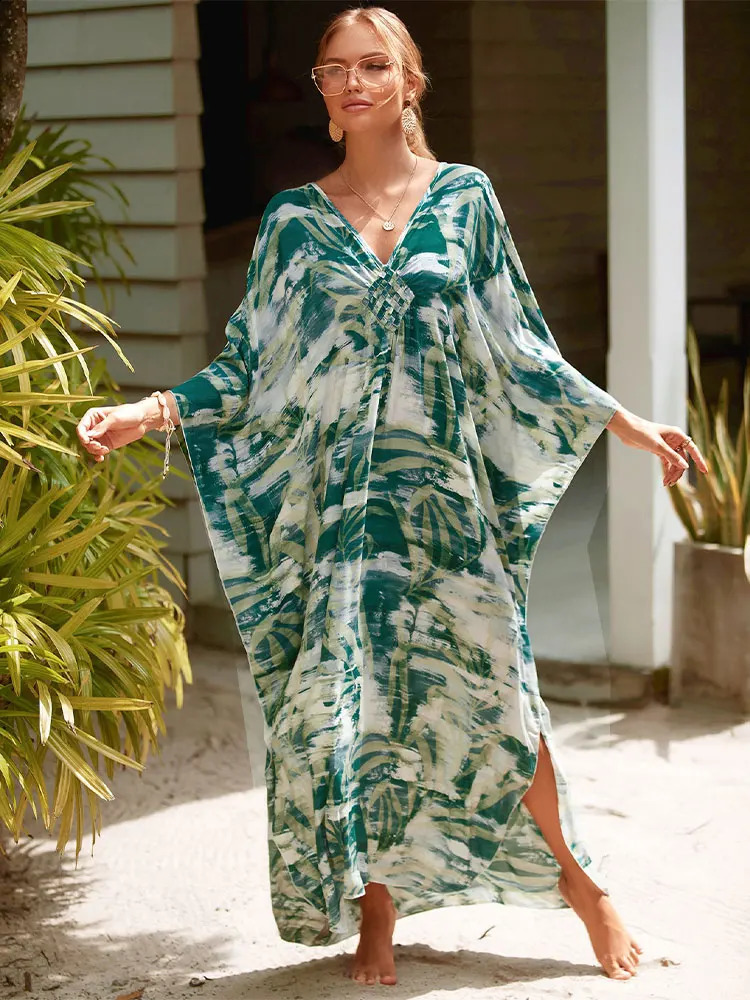 2023 Plant Print V Neck Side Split Beach Dress Sexy Swimsuit Bikini Coverups Summer Women Loose Casual Beachwear Cover Up Q1297 250122