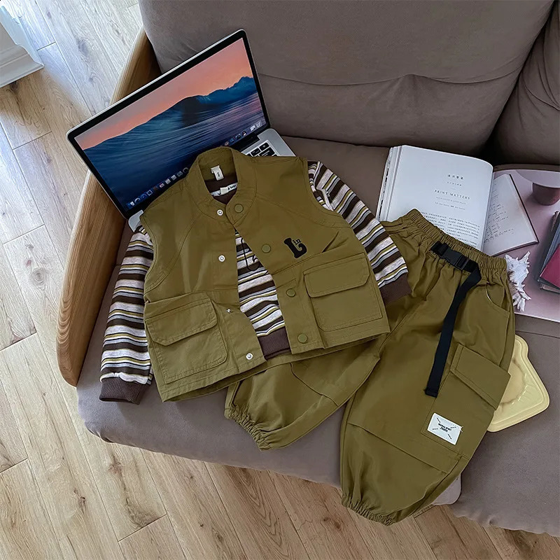 Children Spring Autumn 2PCS Clothes Set For Boy Round Collar Embroidery Kid Boys Vest Spliced Jogger Pants Sports Suit 250117
