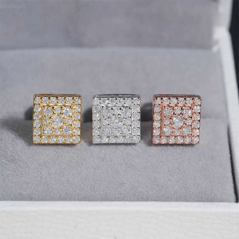Dia hair high-end feel for girls sier full inlaid moissanite square trendy earrings can be tested with dia pen and GRA certificate