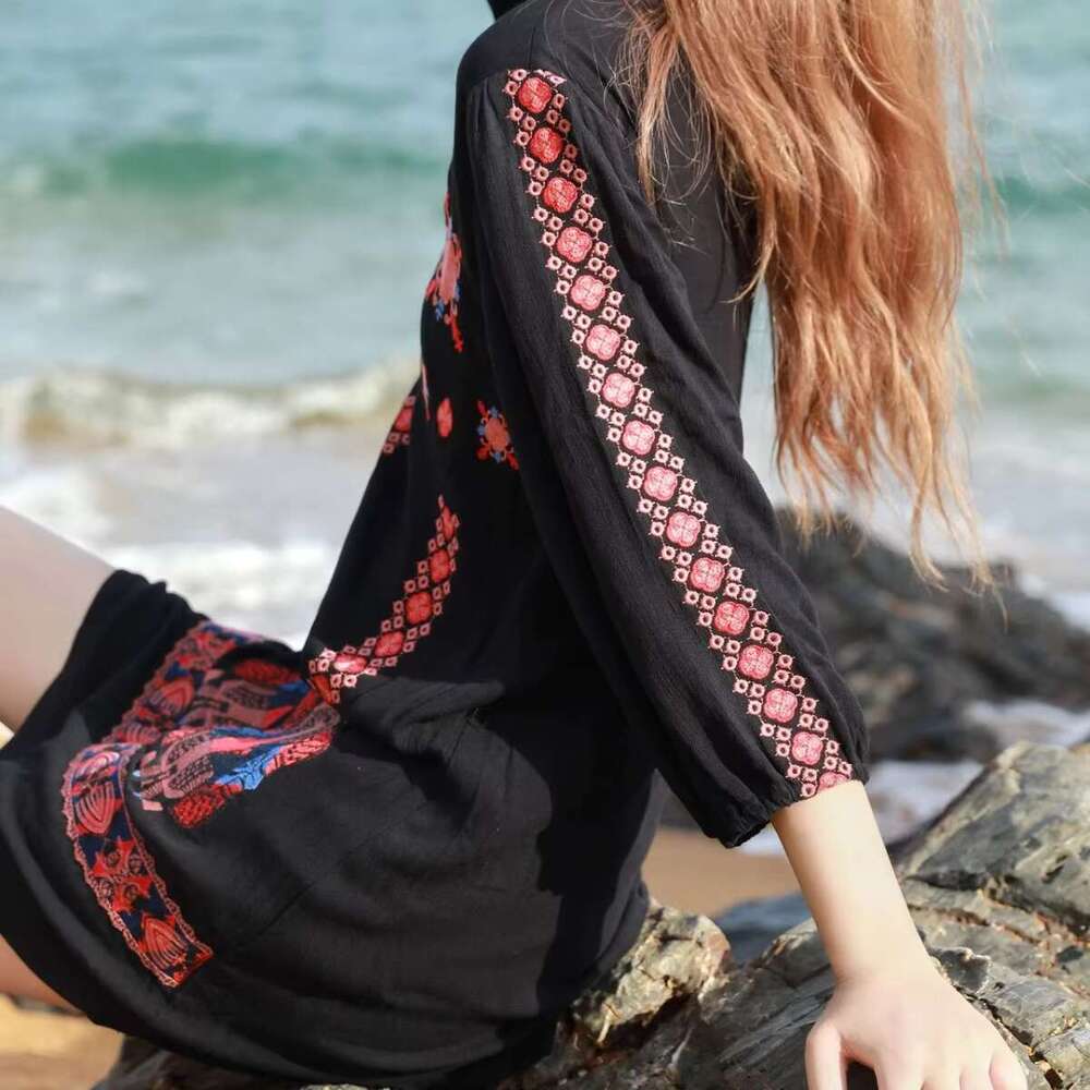 V Neck Black Beach Ral Embroidery Boho Short Dress New Ethnic Vacation Dresses Femme Summer Chic Robes