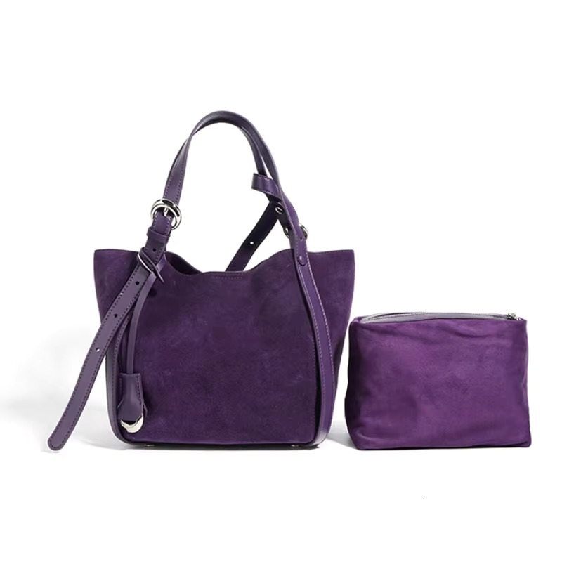 Women's Brushed Leather Shoulder Retro Suede Red Bucket Large Capacity Handbag With Makeup Bag 2025