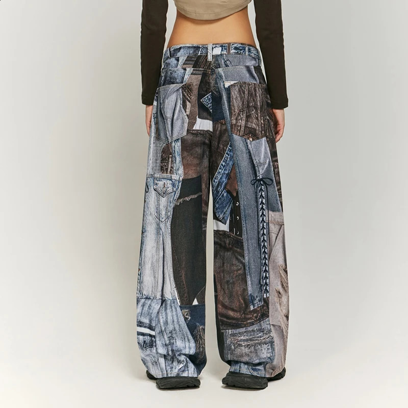 American Street Vintage Patchwork Digital Printed Jeans Male and Female Trendy Loose Wide Leg Fashion High-End Trousers 250120