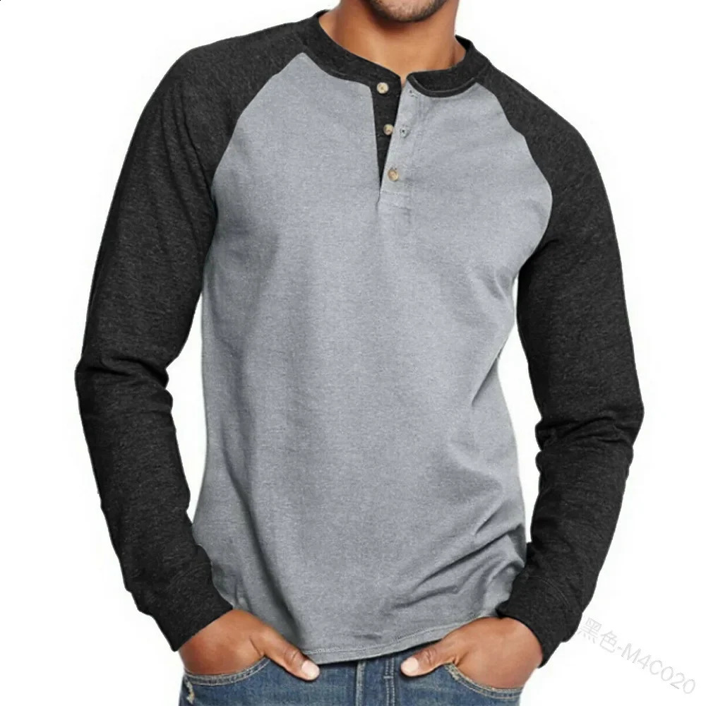Spring Autumn Henley Shirts Color Black Patchwork Tees Mens Fashion Vintage Button V Neck Long Sleeve T Shirt Man Tops 250122