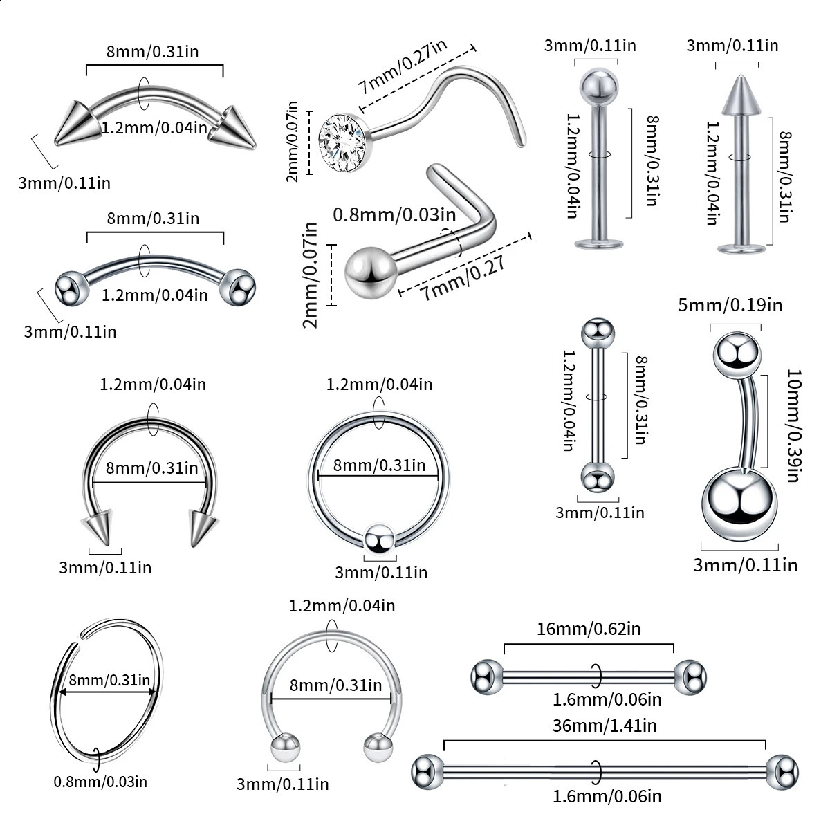 70pc Steel Body Piercing Jewelry Lot Bulk Nose Ring Tongue Bar Eyebrow Labret Set Horseshoe Pack 250110
