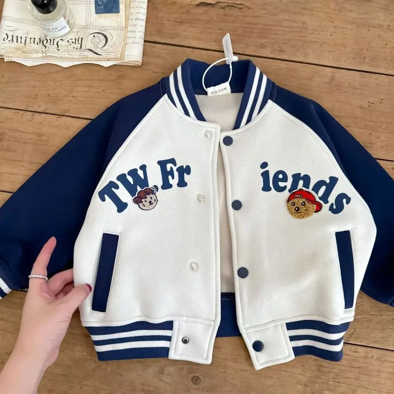 Autumn Spring Infant Baby Boy Baseball Uniform Loose Letter Bear Embroidery Little Jacket Cotton Spliced Sleeve Kid Coat 250117